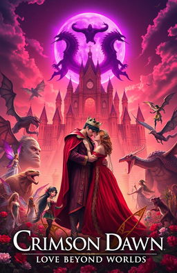 A breathtaking cinematic novel cover titled 'Crimson Dawn: Love Beyond Worlds'