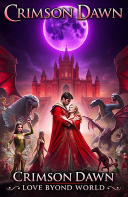 A breathtaking cinematic novel cover titled 'Crimson Dawn: Love Beyond Worlds'