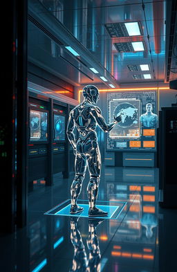 A futuristic AI in a sleek, high-tech laboratory, analyzing data on a holographic interface