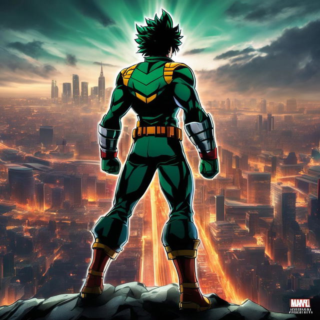 Midoriya from My Hero Academia in a Marvel cinematic style, dressed in his hero costume amidst a dramatic cityscape.