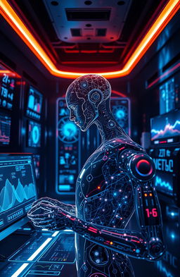 A futuristic AI in a sleek, high-tech laboratory, analyzing data on a holographic interface