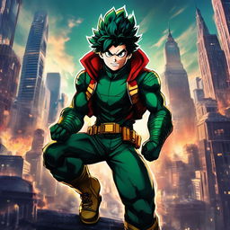 Midoriya from My Hero Academia in a Marvel cinematic style, dressed in his hero costume amidst a dramatic cityscape.