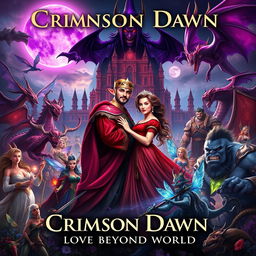 A stunning cinematic novel cover titled 'Crimson Dawn: Love Beyond Worlds'
