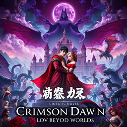 A stunning cinematic novel cover titled 'Crimson Dawn: Love Beyond Worlds'