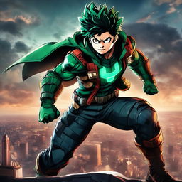 Midoriya from My Hero Academia in a Marvel cinematic style, dressed in his hero costume amidst a dramatic cityscape.