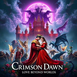 A stunning cinematic novel cover titled 'Crimson Dawn: Love Beyond Worlds'