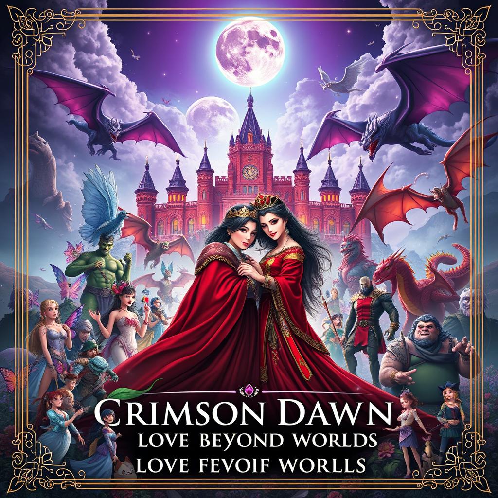 A stunning cinematic novel cover titled 'Crimson Dawn: Love Beyond Worlds'