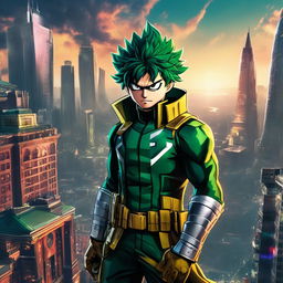 Midoriya from My Hero Academia in a Marvel cinematic style, dressed in his hero costume amidst a dramatic cityscape.