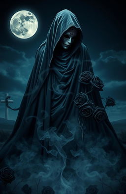 An artistic representation titled 'La Muerte', featuring a beautifully haunting figure representing death, draped in flowing dark robes that blend into the shadows