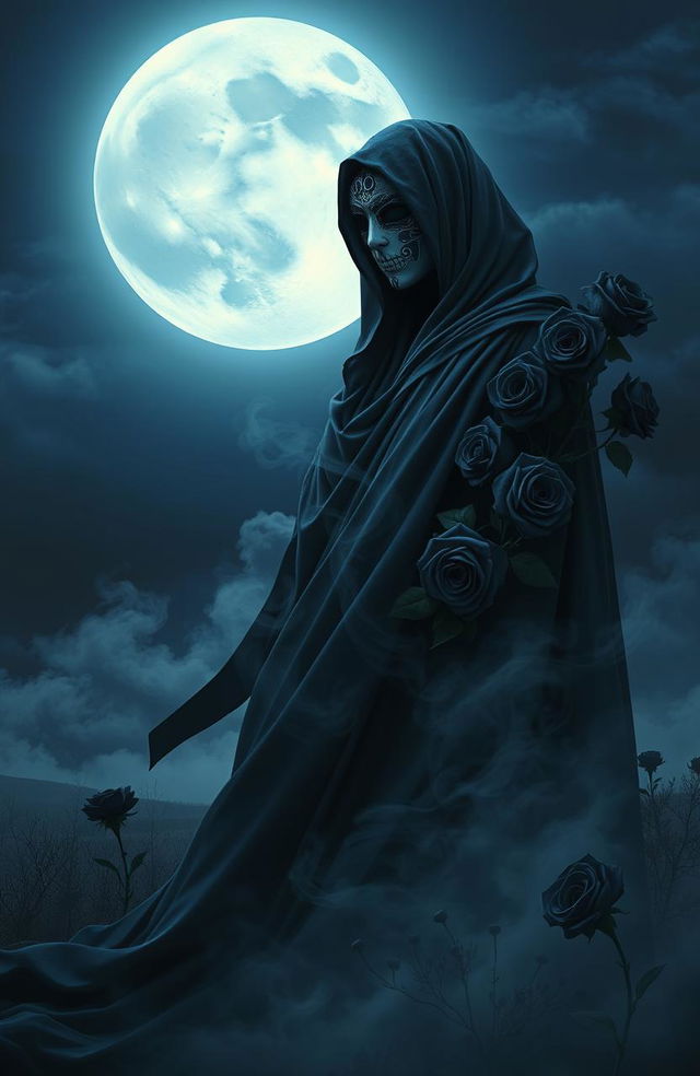 An artistic representation titled 'La Muerte', featuring a beautifully haunting figure representing death, draped in flowing dark robes that blend into the shadows