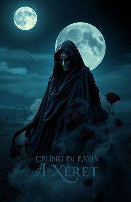 An artistic representation titled 'La Muerte', featuring a beautifully haunting figure representing death, draped in flowing dark robes that blend into the shadows