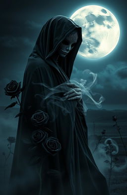 An artistic representation titled 'La Muerte', featuring a beautifully haunting figure representing death, draped in flowing dark robes that blend into the shadows