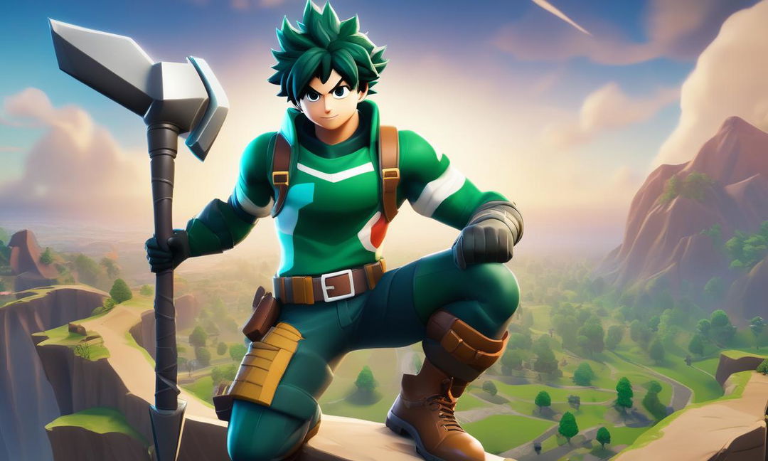 Midoriya from My Hero Academia in Fortnite style, standing confidently with a pickaxe in hand against a backdrop of Fortnite's map