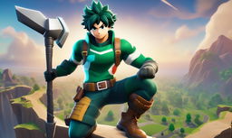 Midoriya from My Hero Academia in Fortnite style, standing confidently with a pickaxe in hand against a backdrop of Fortnite's map