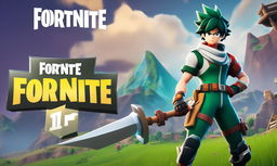 Midoriya from My Hero Academia in Fortnite style, standing confidently with a pickaxe in hand against a backdrop of Fortnite's map