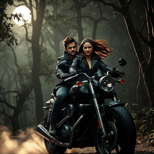 A badass couple riding on a powerful motorcycle through a dark, mystical forest