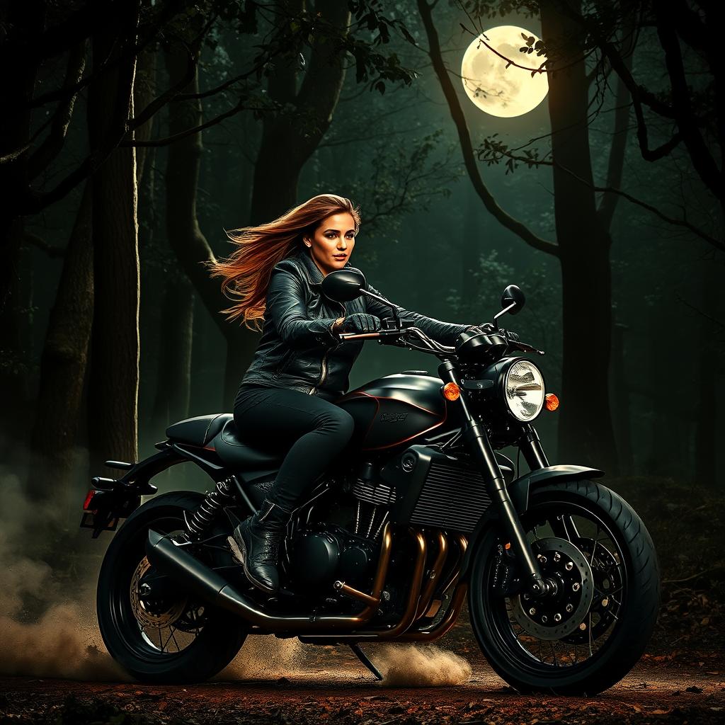 A badass couple riding on a powerful motorcycle through a dark, mystical forest