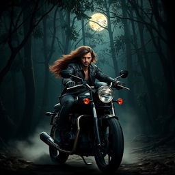 A badass couple riding on a powerful motorcycle through a dark, mystical forest