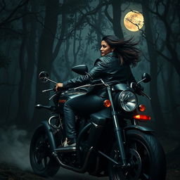 A badass couple riding on a powerful motorcycle through a dark, mystical forest