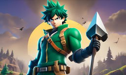 Midoriya from My Hero Academia in Fortnite style, standing confidently with a pickaxe in hand against a backdrop of Fortnite's map