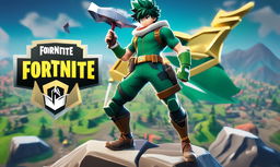 Midoriya from My Hero Academia in Fortnite style, standing confidently with a pickaxe in hand against a backdrop of Fortnite's map