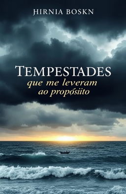 A captivating book cover design titled 'Tempestades que me levaram ao propósito', featuring a dramatic stormy sky with dark clouds swirling above a serene ocean