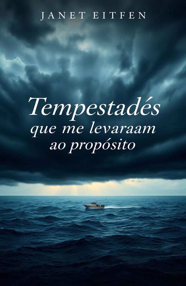 A captivating book cover design titled 'Tempestades que me levaram ao propósito', featuring a dramatic stormy sky with dark clouds swirling above a serene ocean