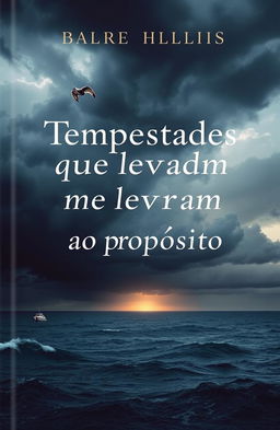 A captivating book cover design titled 'Tempestades que me levaram ao propósito', featuring a dramatic stormy sky with dark clouds swirling above a serene ocean