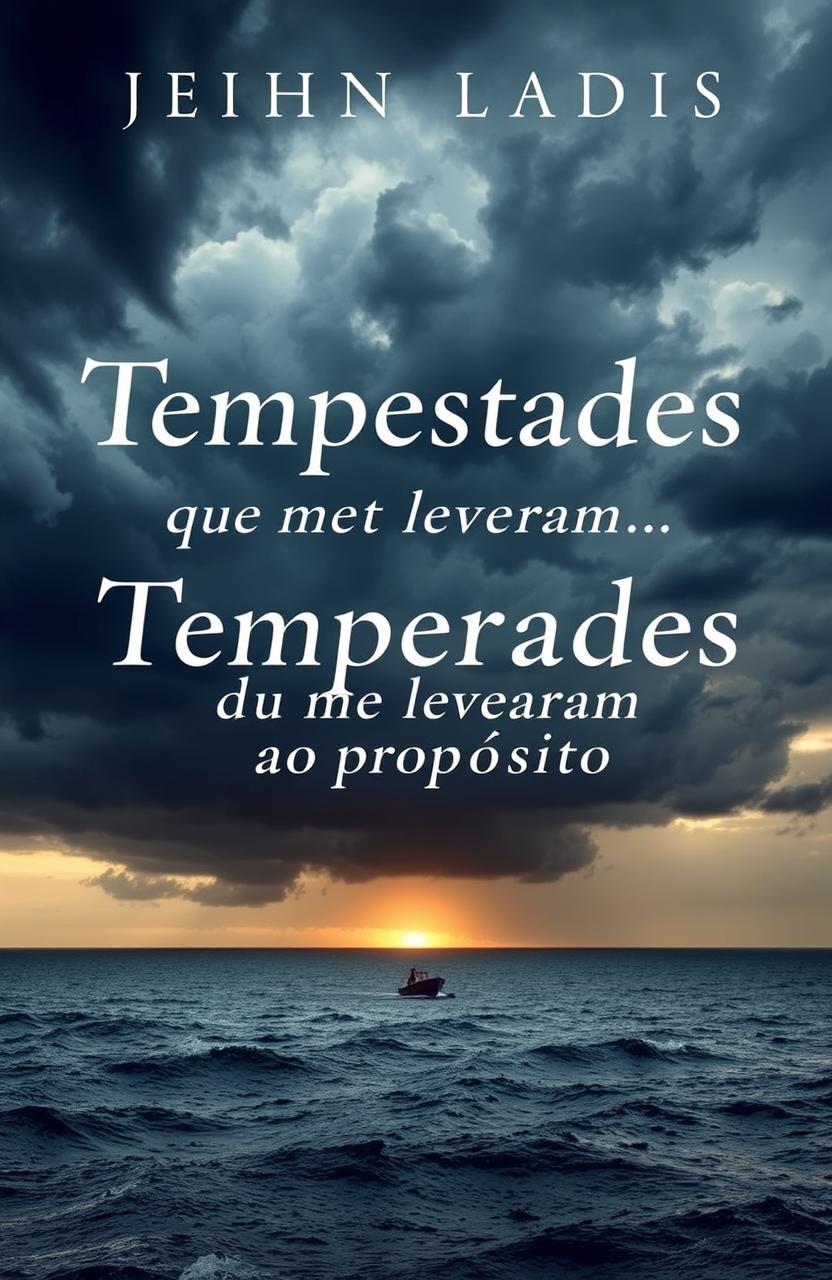 A captivating book cover design titled 'Tempestades que me levaram ao propósito', featuring a dramatic stormy sky with dark clouds swirling above a serene ocean