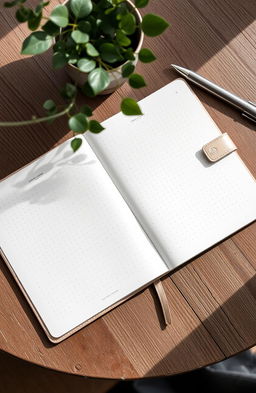 A beautifully minimalistic dotted journal, featuring a clean and simple design with a soft leather cover, neutral color palette such as beige or light gray, and an unobtrusive embossed logo