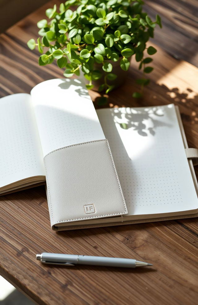 A beautifully minimalistic dotted journal, featuring a clean and simple design with a soft leather cover, neutral color palette such as beige or light gray, and an unobtrusive embossed logo