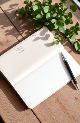 A beautifully minimalistic dotted journal, featuring a clean and simple design with a soft leather cover, neutral color palette such as beige or light gray, and an unobtrusive embossed logo