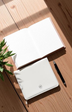 A beautifully minimalistic dotted journal, featuring a clean and simple design with a soft leather cover, neutral color palette such as beige or light gray, and an unobtrusive embossed logo