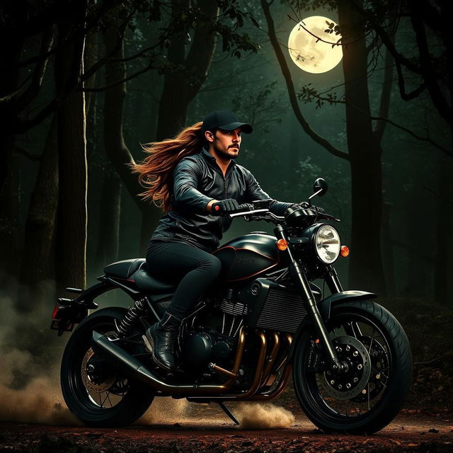 A badass couple riding a motorcycle through a dark, mystical forest at night