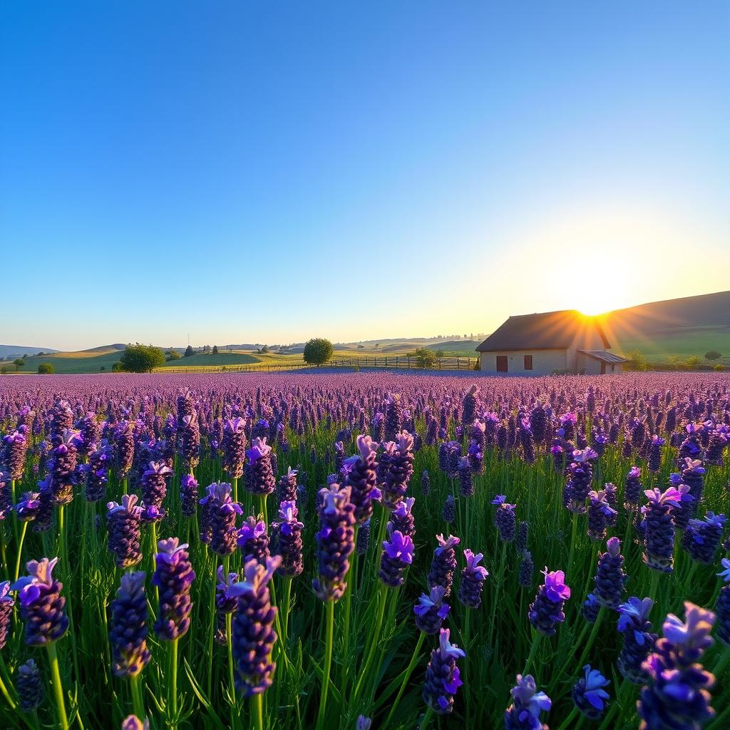 A serene landscape depicting a vast field of lavender flowers under a bright blue sky