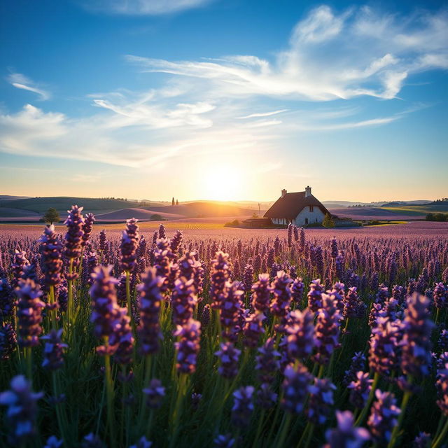 A serene landscape depicting a vast field of lavender flowers under a bright blue sky