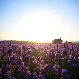 A serene landscape depicting a vast field of lavender flowers under a bright blue sky