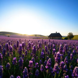 A serene landscape depicting a vast field of lavender flowers under a bright blue sky