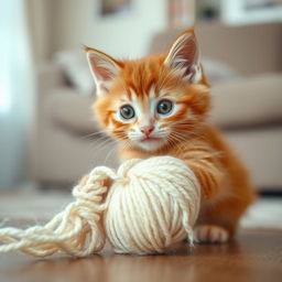A playful ginger kitten with big, curious eyes, energetically playing with a fluffy white ball of yarn