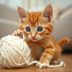 A playful ginger kitten with big, curious eyes, energetically playing with a fluffy white ball of yarn