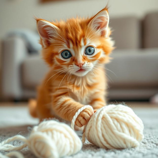 A playful ginger kitten with big, curious eyes, energetically playing with a fluffy white ball of yarn