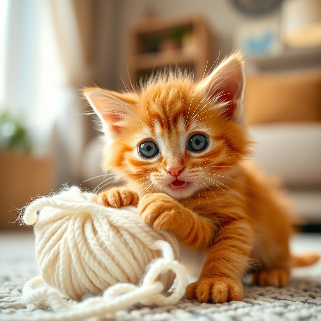 A playful ginger kitten with big, curious eyes, energetically playing with a fluffy white ball of yarn