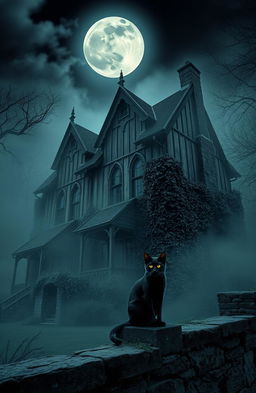 An eerie yet fascinating old haunted house, surrounded by dense fog and overgrown ivy