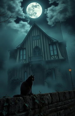 An eerie yet fascinating old haunted house, surrounded by dense fog and overgrown ivy