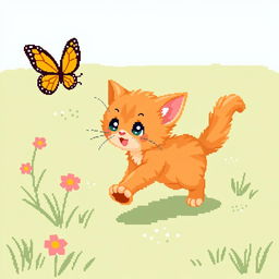 A pixel art animation of a lively ginger kitten, depicted in a 64x64 pixel canvas, playfully chasing a colorful butterfly