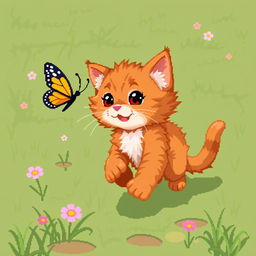 A pixel art animation of a lively ginger kitten, depicted in a 64x64 pixel canvas, playfully chasing a colorful butterfly