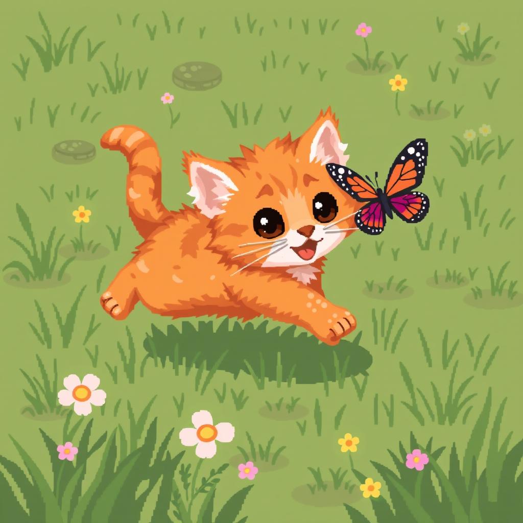 A pixel art animation of a lively ginger kitten, depicted in a 64x64 pixel canvas, playfully chasing a colorful butterfly