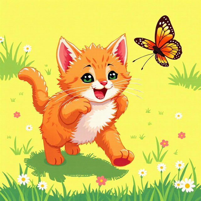 A pixel art animation of a lively ginger kitten, depicted in a 64x64 pixel canvas, playfully chasing a colorful butterfly