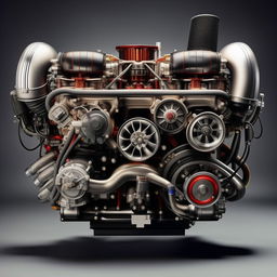 Revise the image of the fastest car engine ever and add a supercharger on top and turbochargers on the sides, enhancing the overall design with a high-performance emphasis.