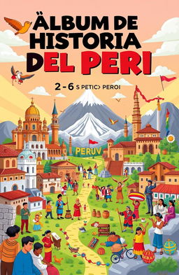 A vibrant and animated illustration representing the title 'ÁLBUM DE HISTORIA DEL PERÚ: S
